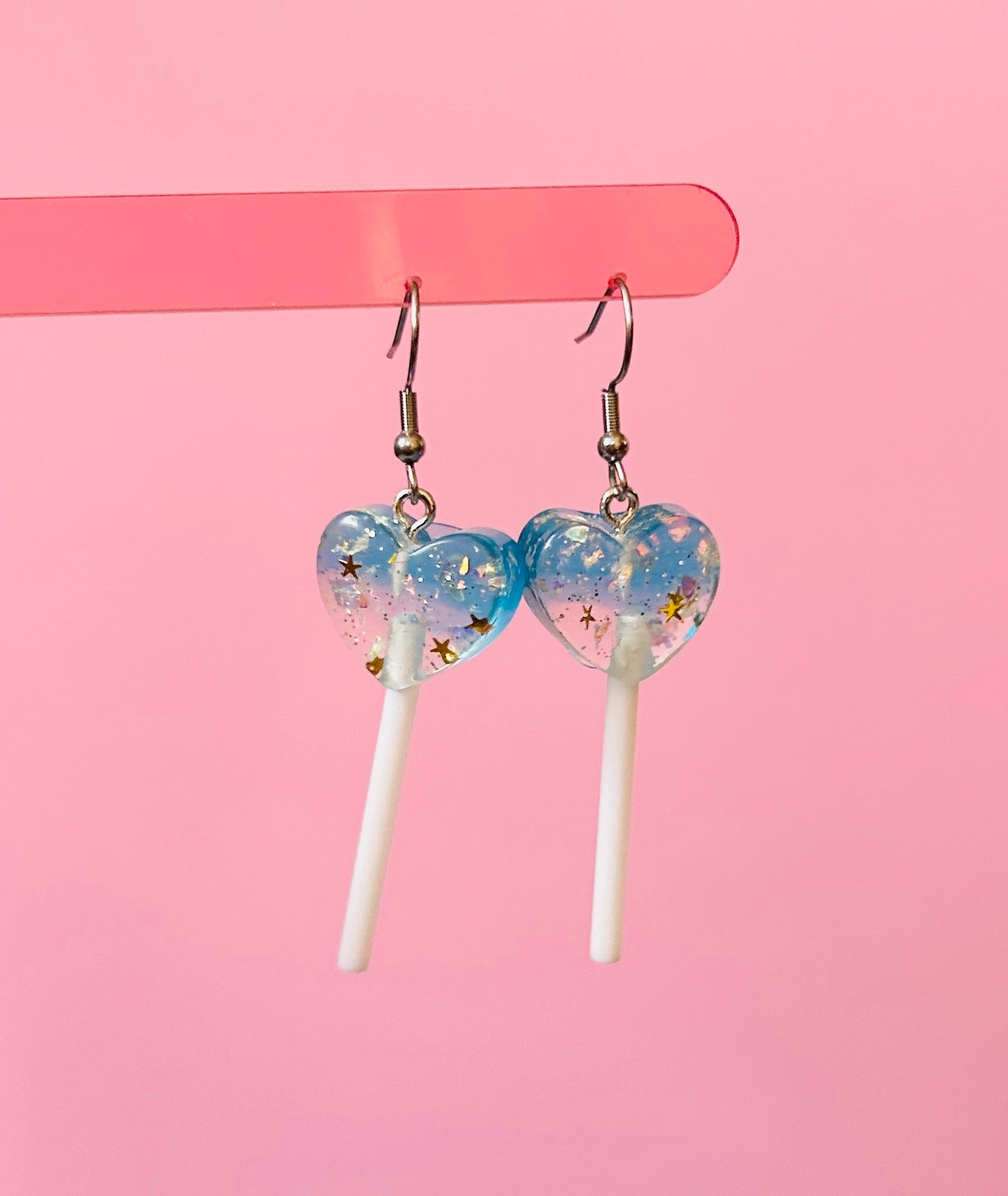 Glittery Blue Heart Lollipop Earrings
