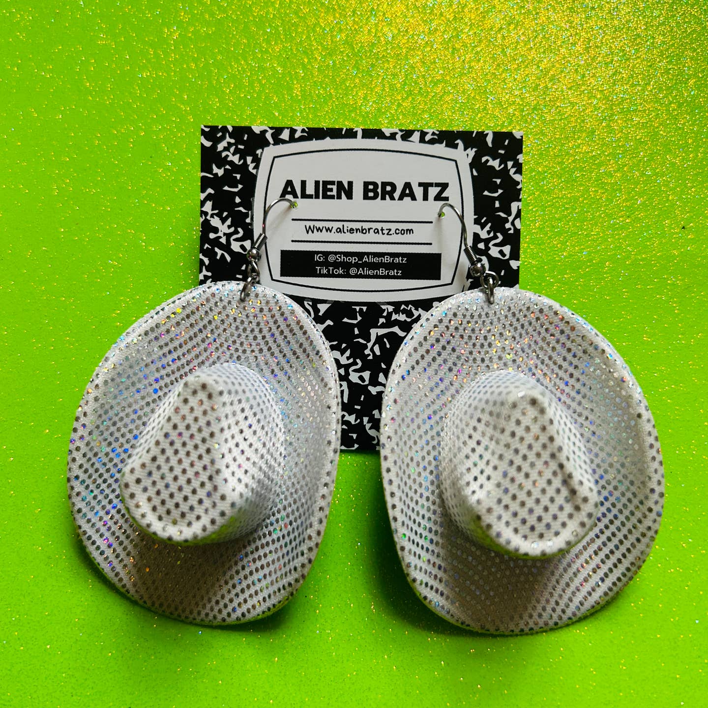 White Sequin Cowboy Hat Earrings
