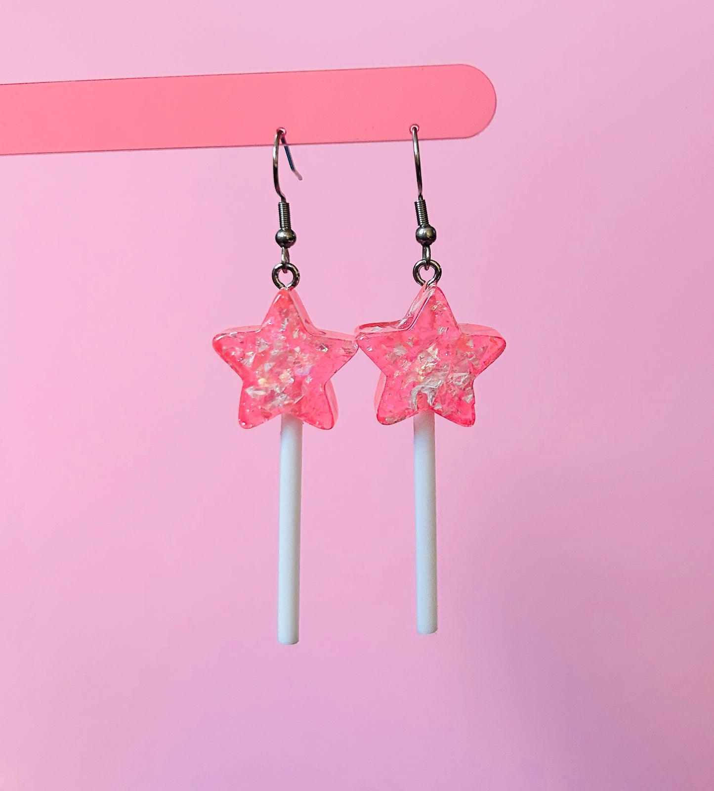 Glittery Pink Star Lollipop Earrings