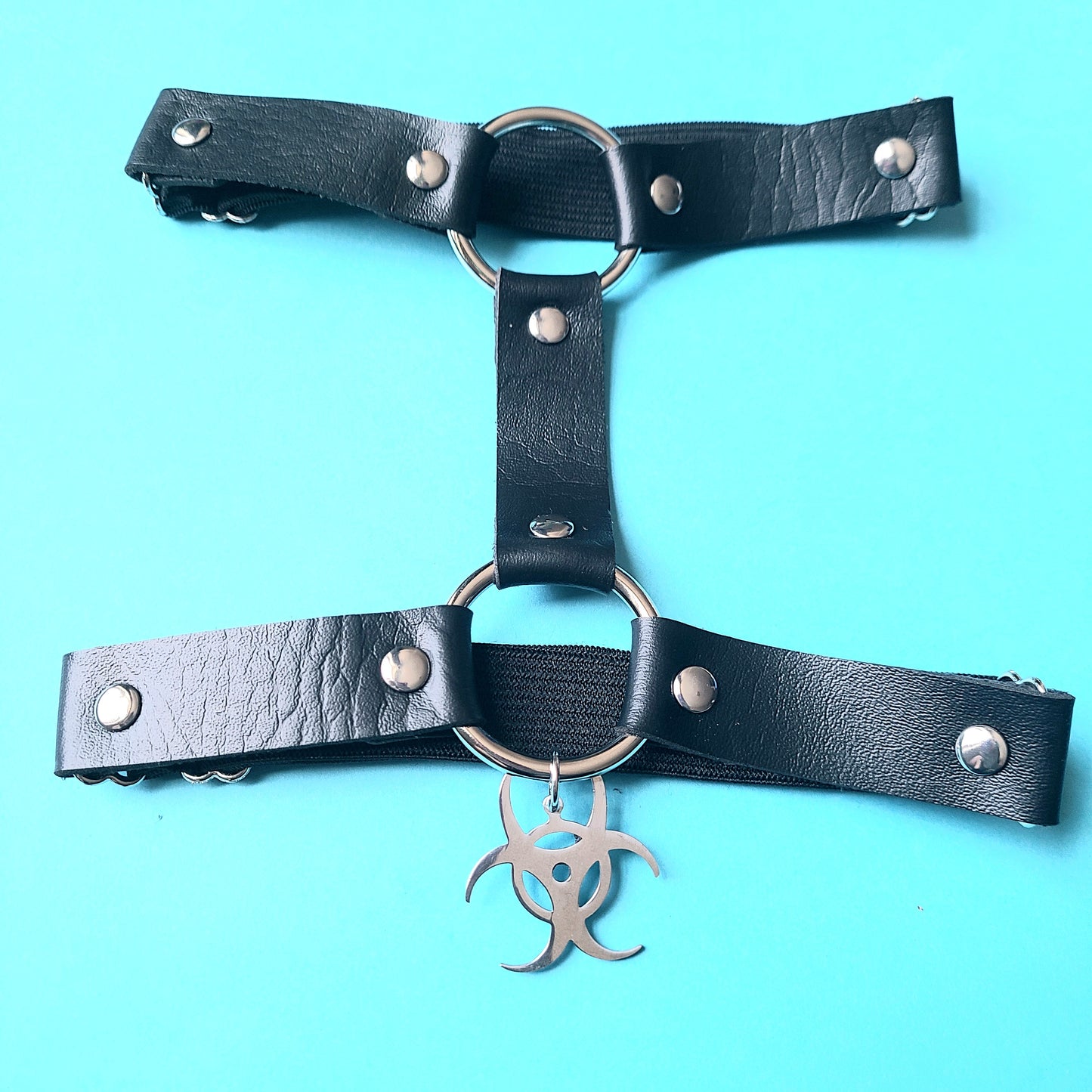 Black Faux Leather Biohazard Thigh Garter