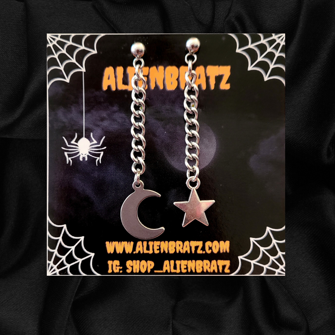 Moon and Star Chain Stud Earrings
