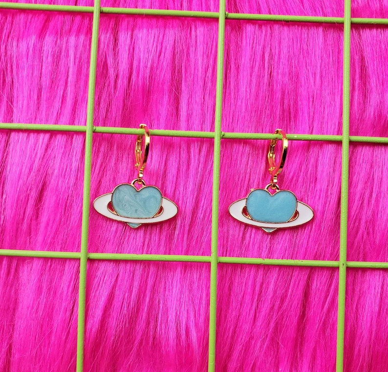 Gold Shimmery Blue Heart Planet Earrings