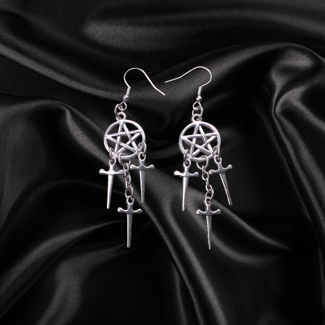 Dagger and Pentagram Chain Earrings