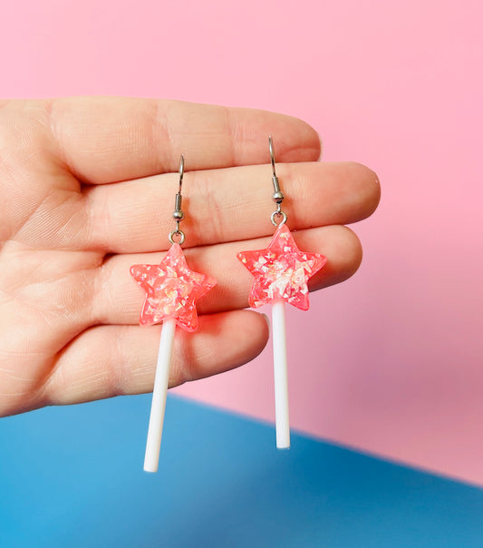 Glittery Pink Star Lollipop Earrings