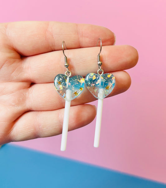 Glittery Blue Heart Lollipop Earrings