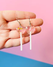 Load image into Gallery viewer, Glittery Pink Heart Lollipop Earrings
