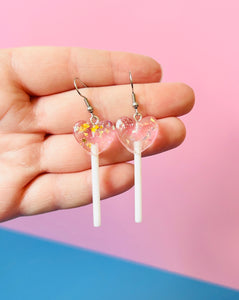 Glittery Pink Heart Lollipop Earrings