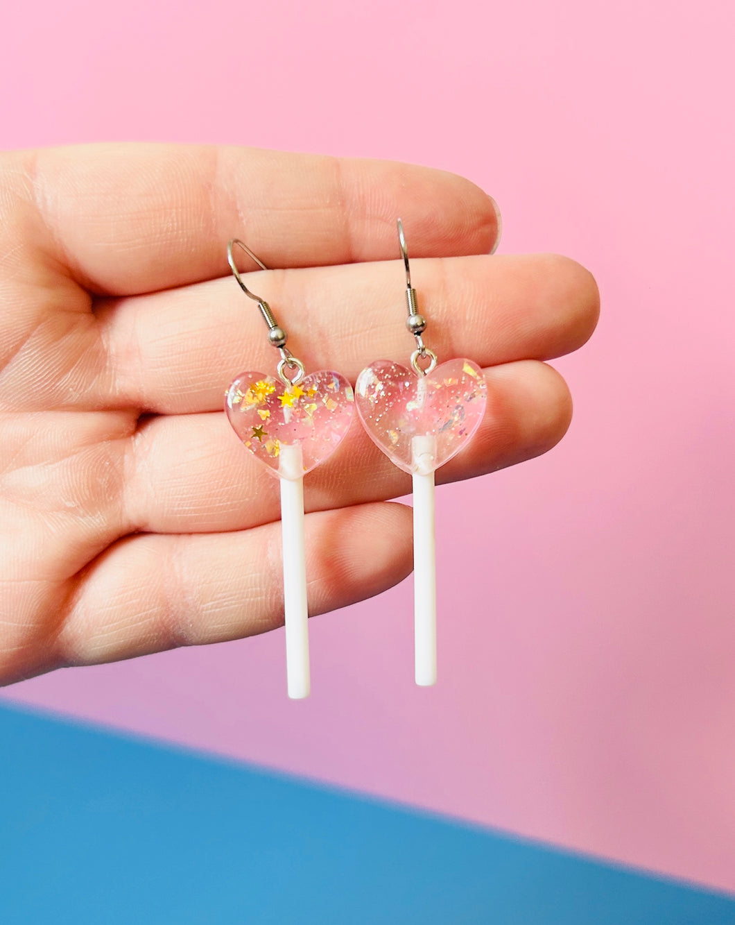 Glittery Pink Heart Lollipop Earrings