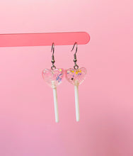 Load image into Gallery viewer, Glittery Pink Heart Lollipop Earrings
