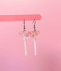 Glittery Pink Heart Lollipop Earrings