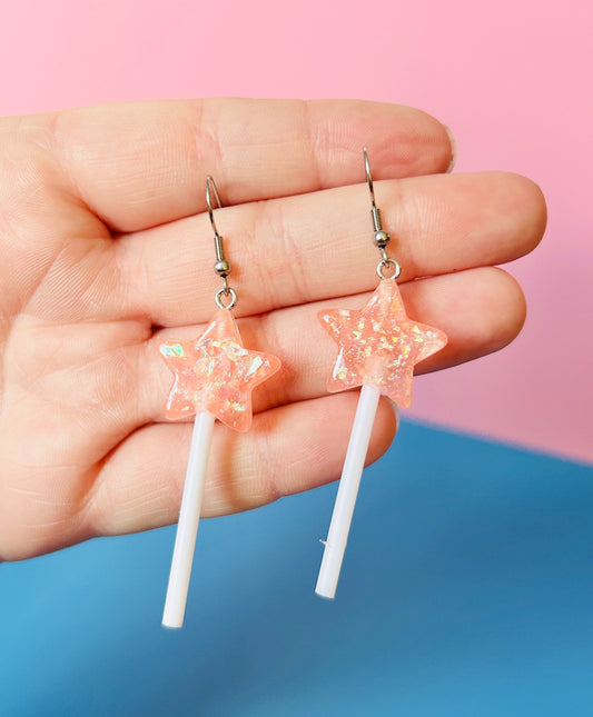 Glittery Pink Star Lollipop Earrings