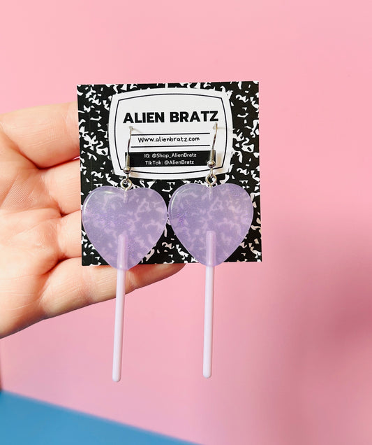 Pastel Purple Heart Lollipop Earrings