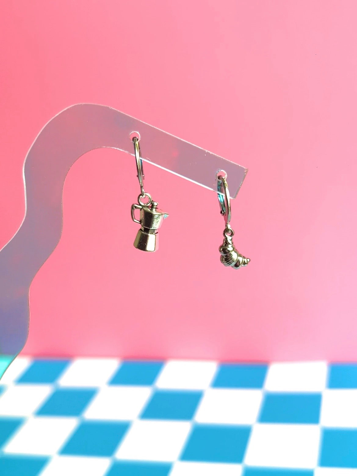 Silver Moka Pot and Croissant Earrings