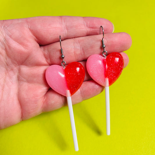 Red and Pink Heart Lollipop Earrings