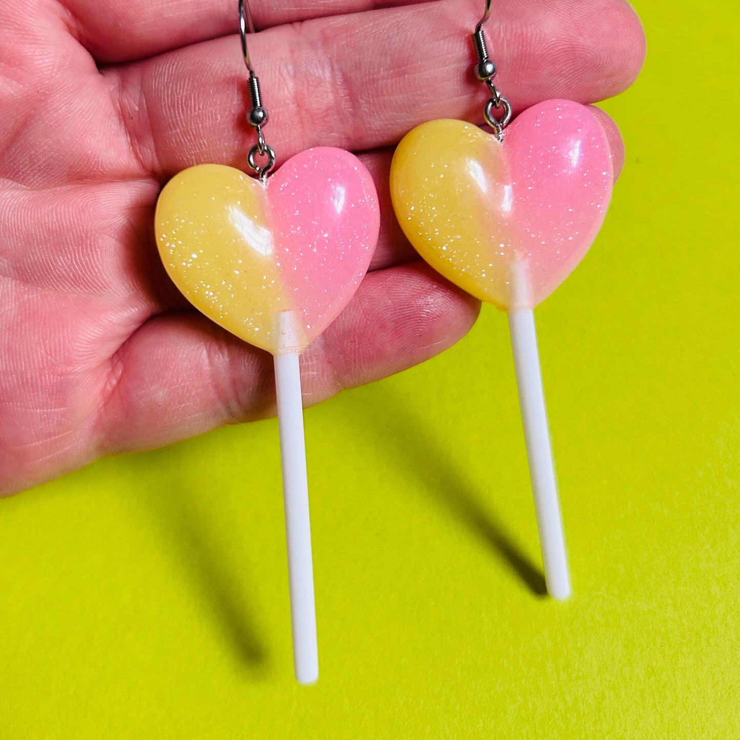 Pink and Yellow Heart Lollipop Earrings