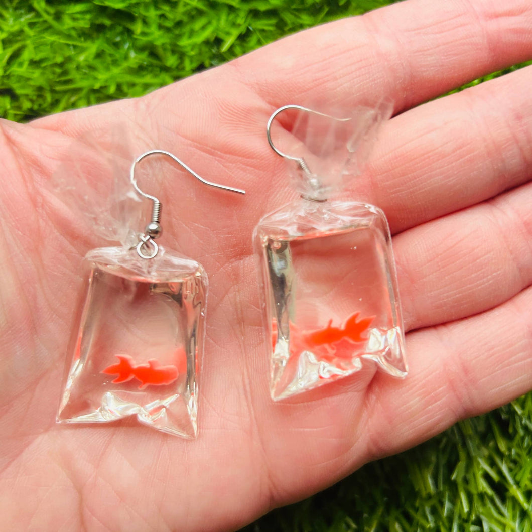 Orange Goldfish In A Bag Earrings