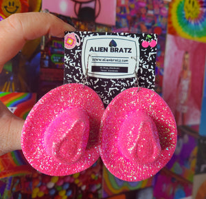 Hot Pink Glittery Cowboy Hat Earrings