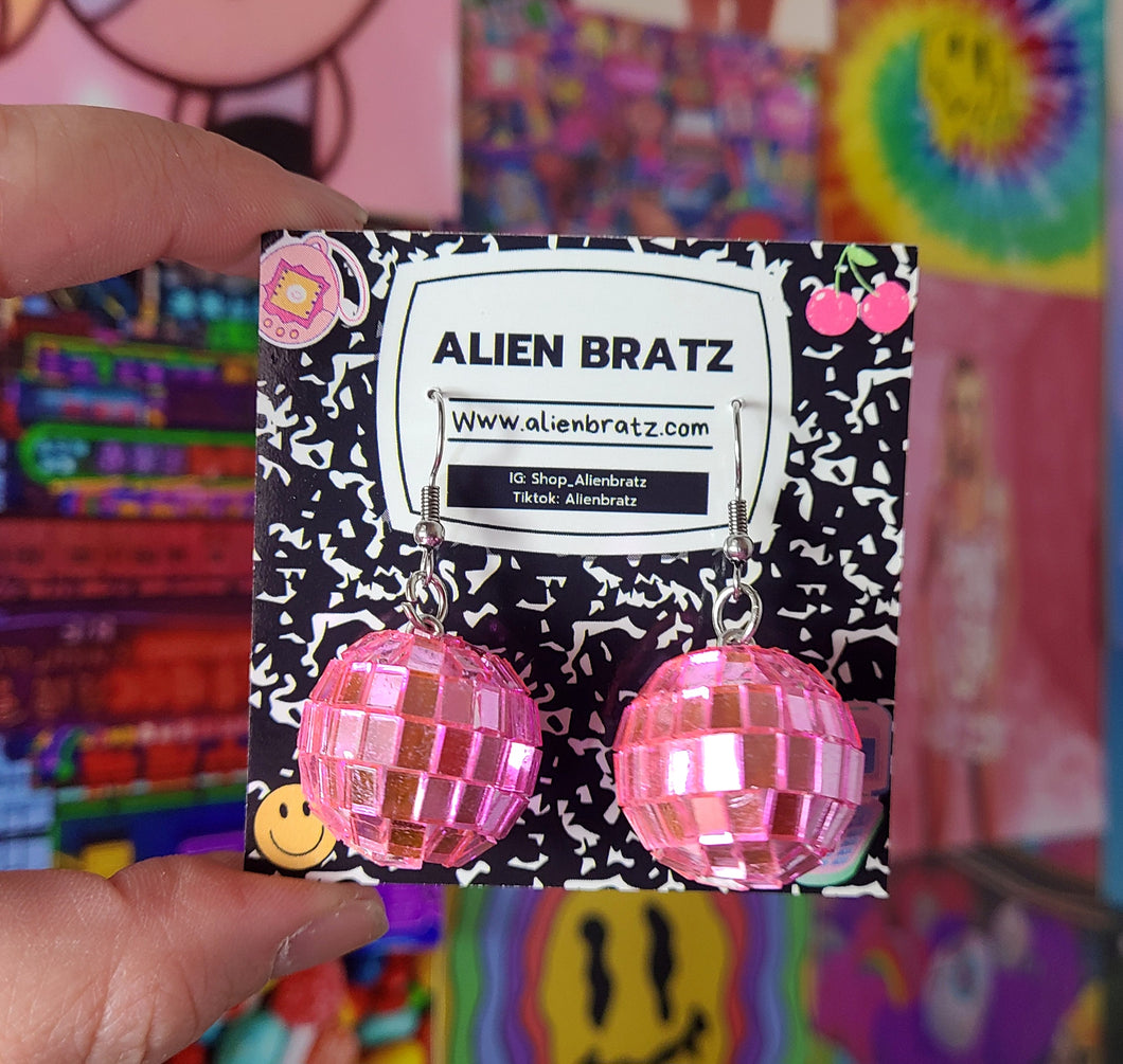 Pink Disco Ball Earrings Funky Earrings Kitsch Earrings Rave