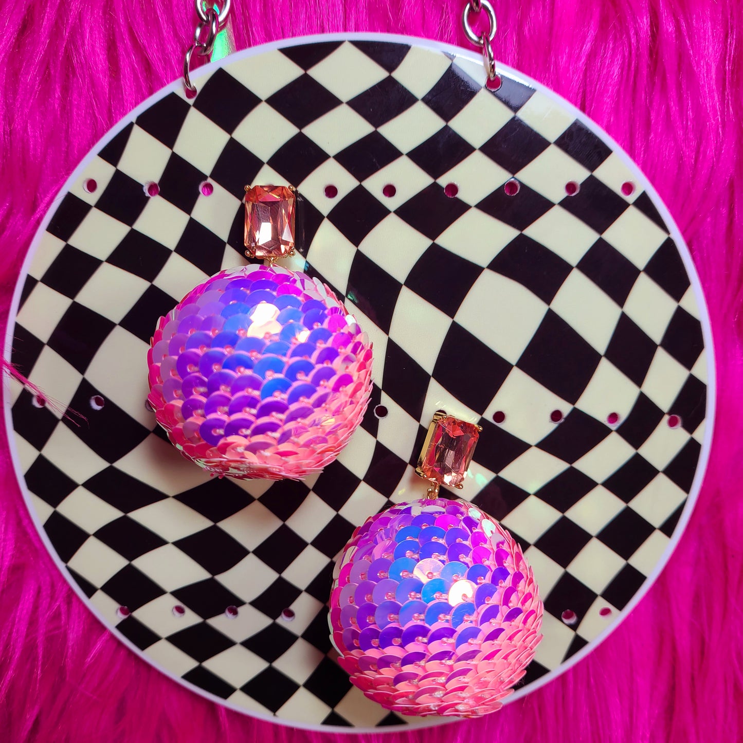 Pink Sequin Disco Ball Stud Earrings