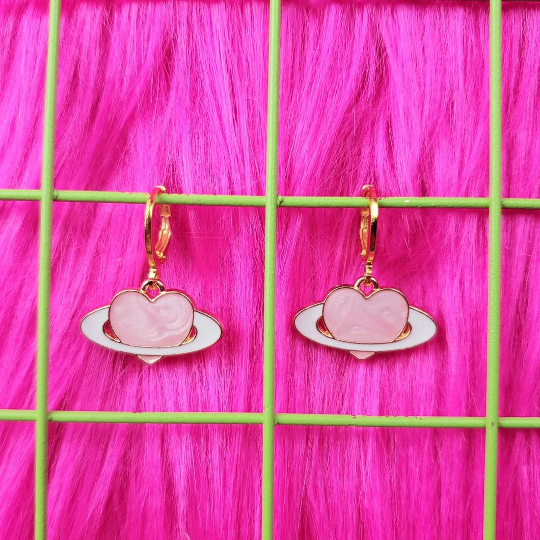 Gold Shimmery Pink Heart Planet Earrings