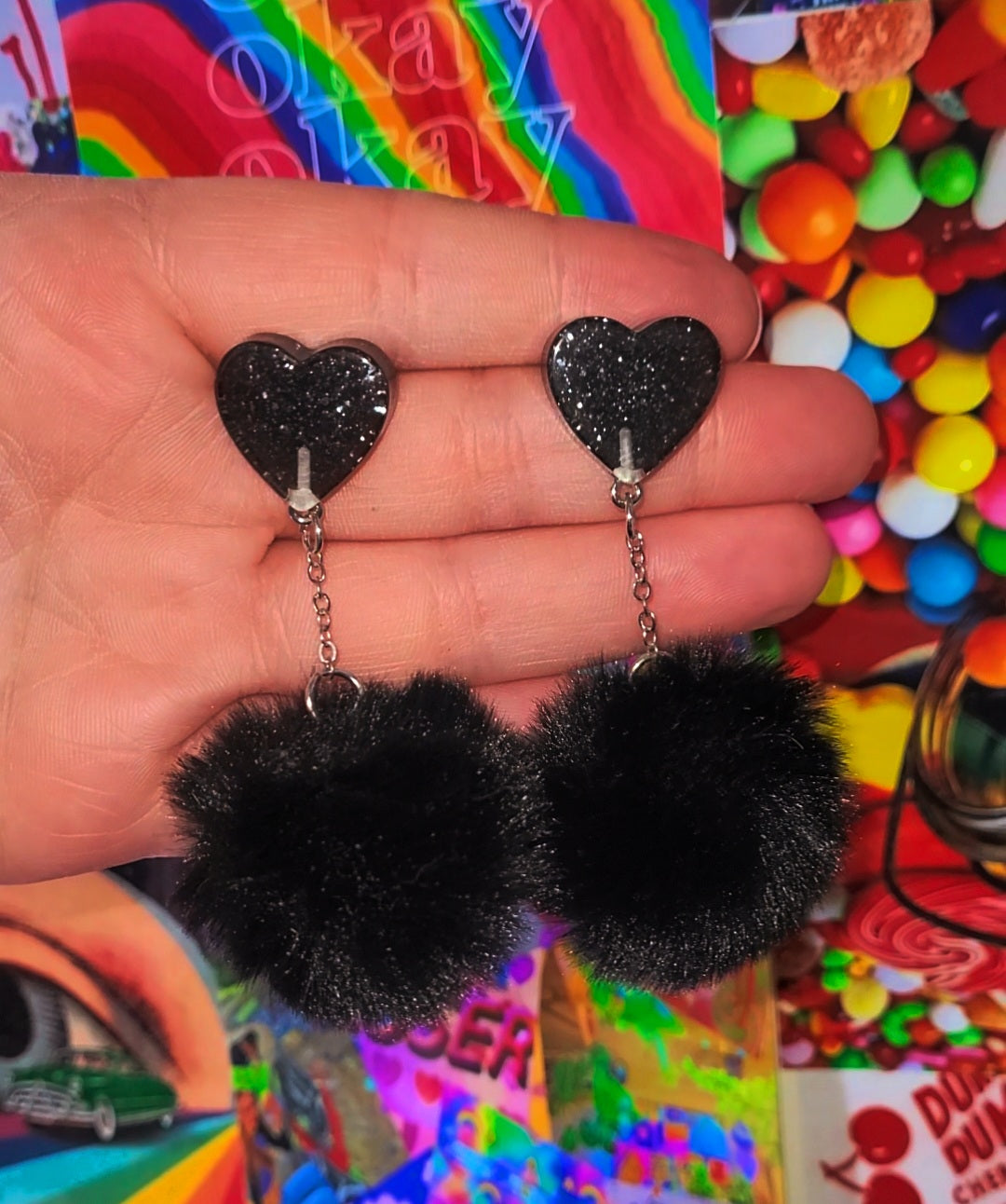 Glittery Black Heart Stud Furry Chain Earrings