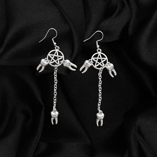 Teeth and Pentagram Chain Earrings