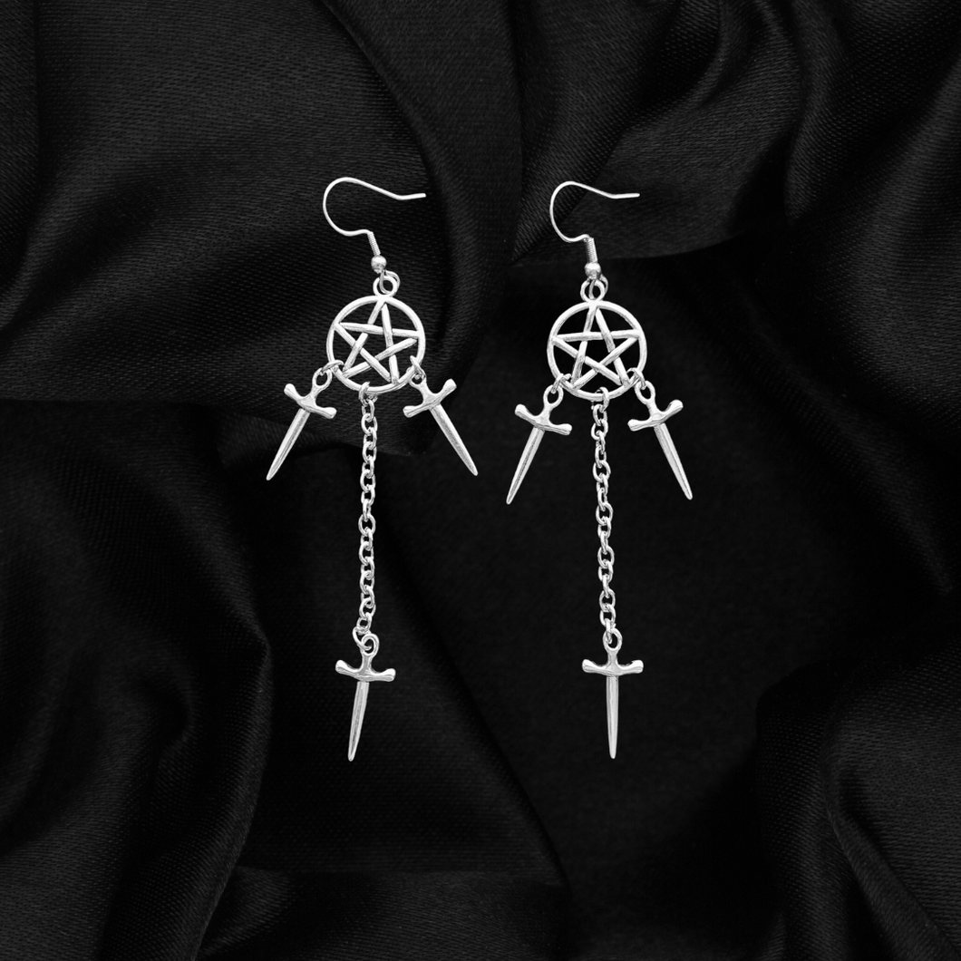 Dagger and Pentagram Chain Earrings