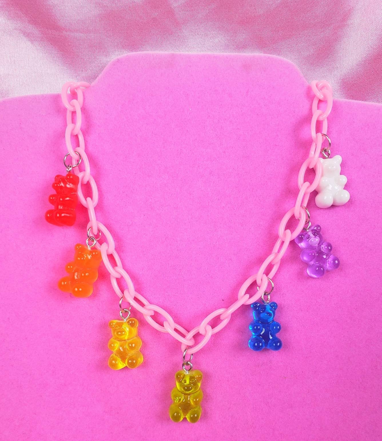 Rainbow Gummy Bear Pastel Pink Chain Choker Necklace