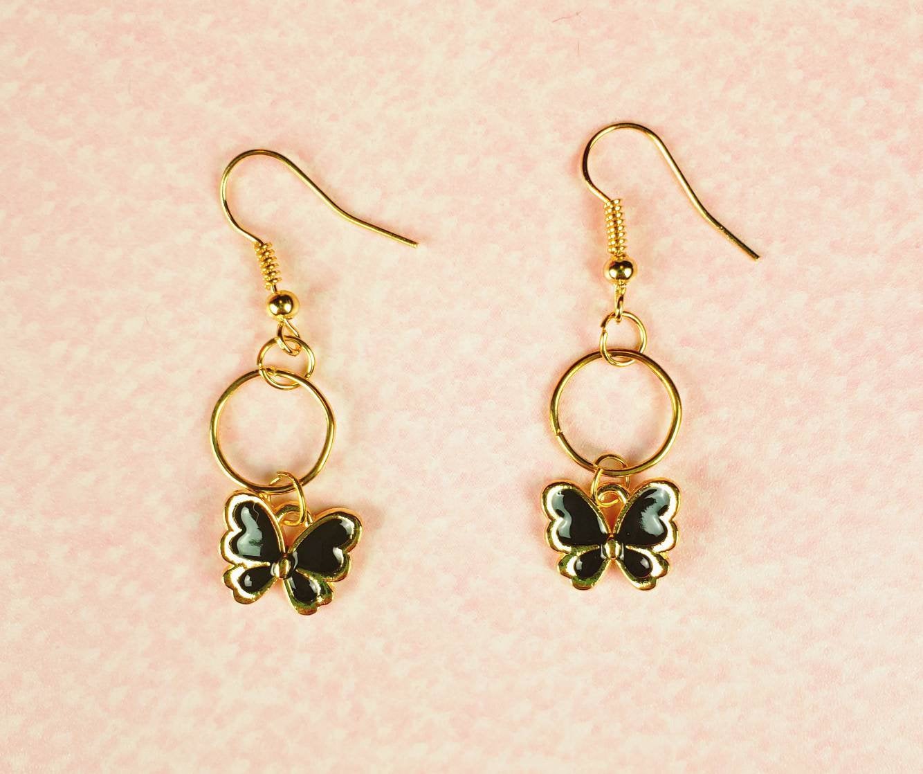 Gold Black Butterfly Earrings