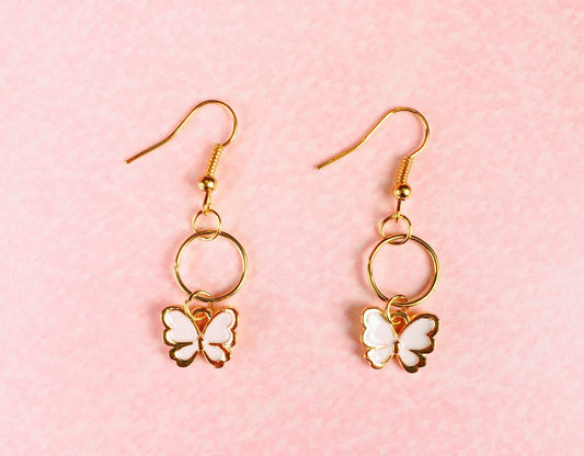 Gold White Butterfly Earrings