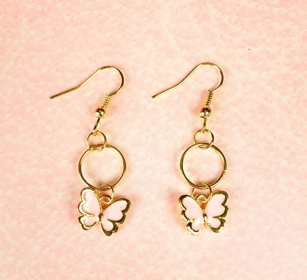Gold Pink Butterfly Earrings
