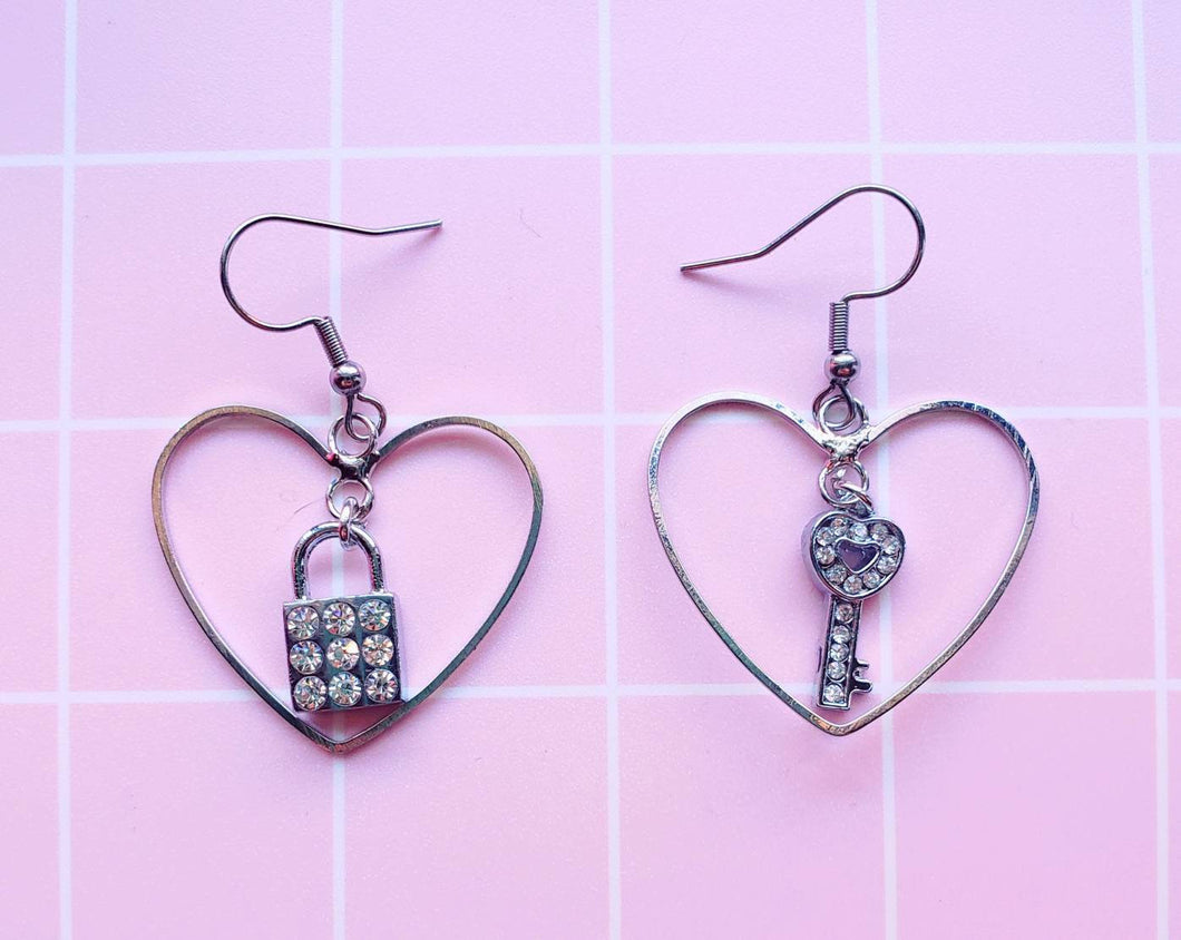 Sparkly Lock and Key Heart Earrings