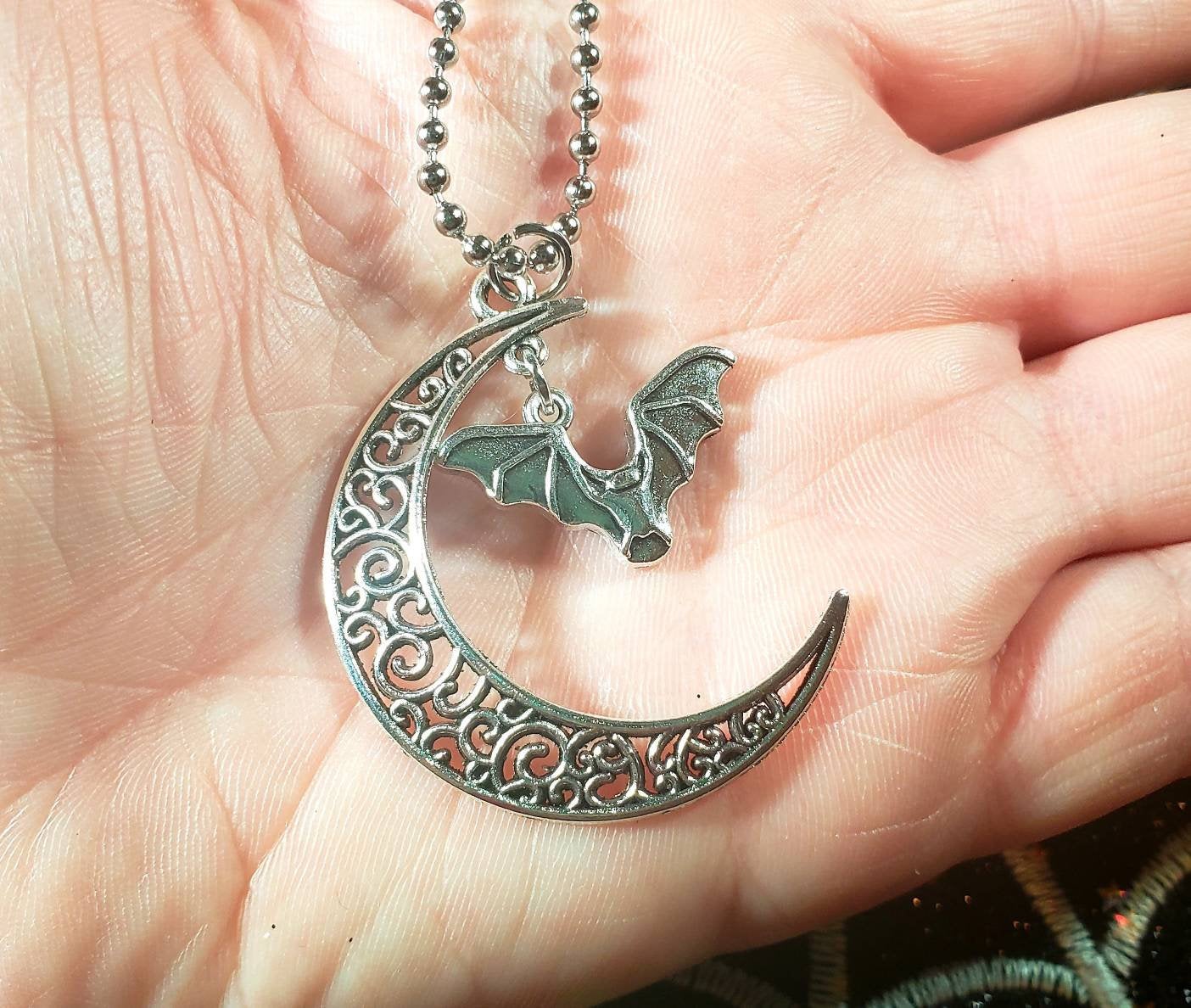 Moon and Bat Ball Chain Necklace