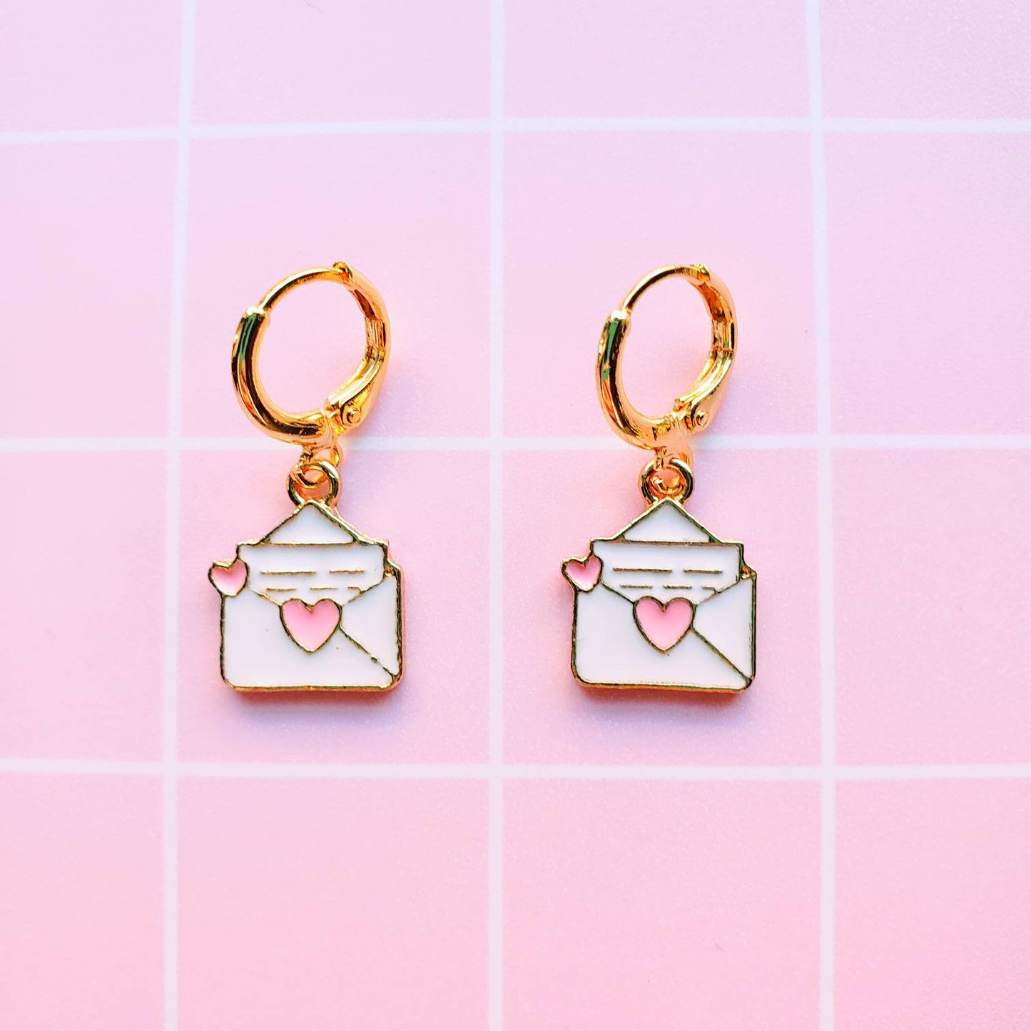 Pink Heart Letter Gold Earrings