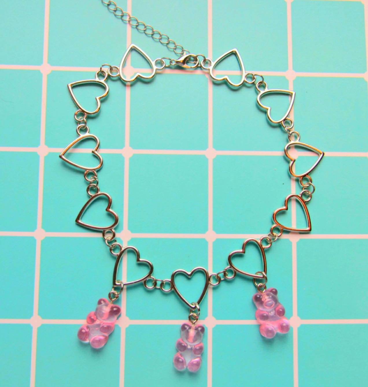 Silver Hollow Heart Pastel Pink Gummy Bear Choker Necklace