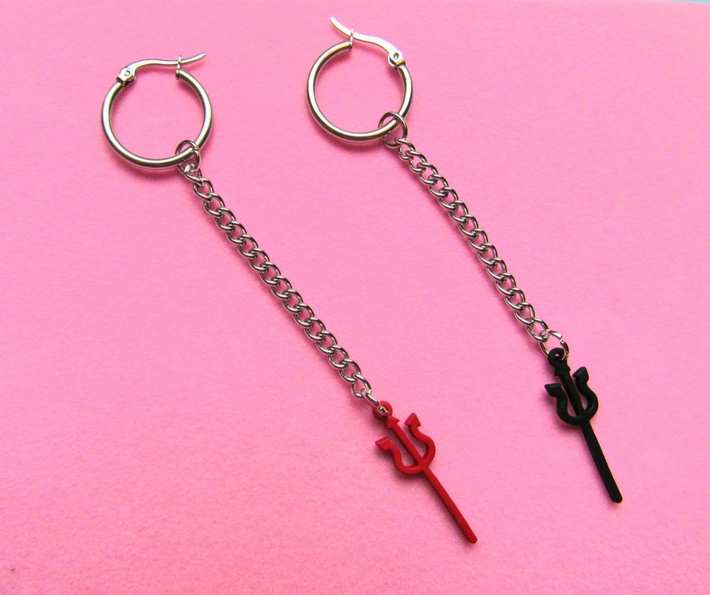 Red and Black Devil Stainless Steel Hoop Chain Earrings