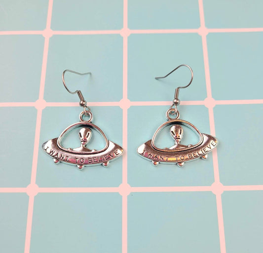 Silver I Want To Believe Alien Earrings