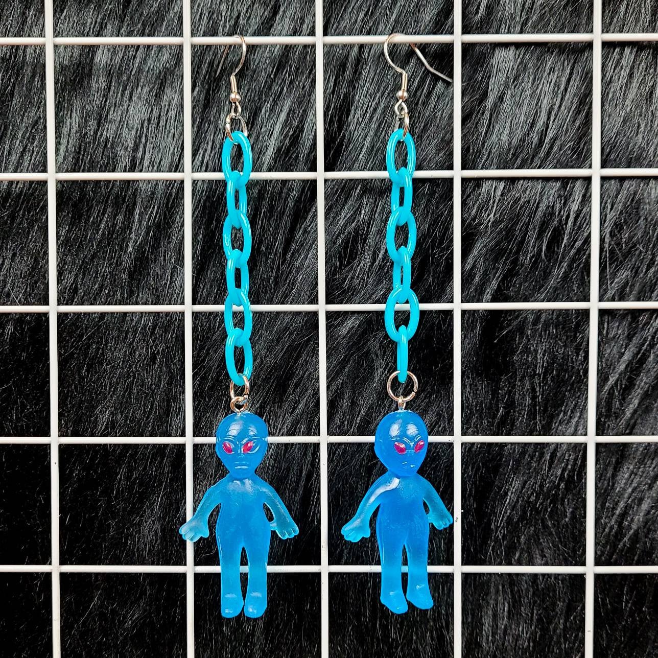 Blue Alien Chain Earrings