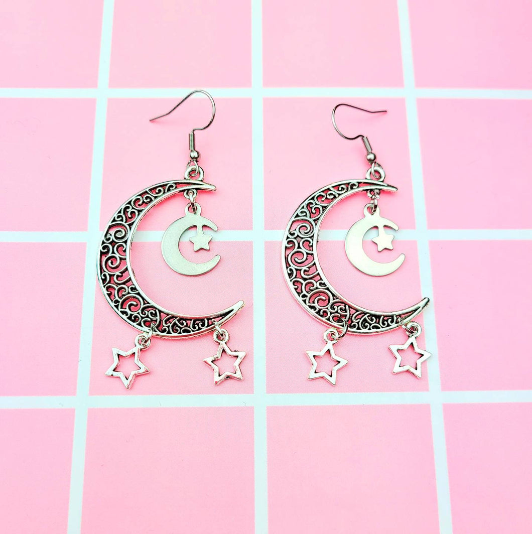 Silver Moon and Stars Earrings