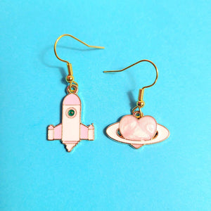 Pastel Pink Space Ship and Pink Heart Planet Gold Earrings