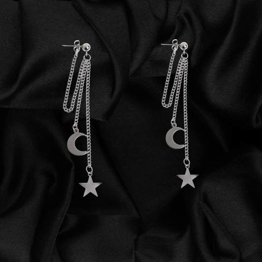 Moon and Star Chain Stud Earrings