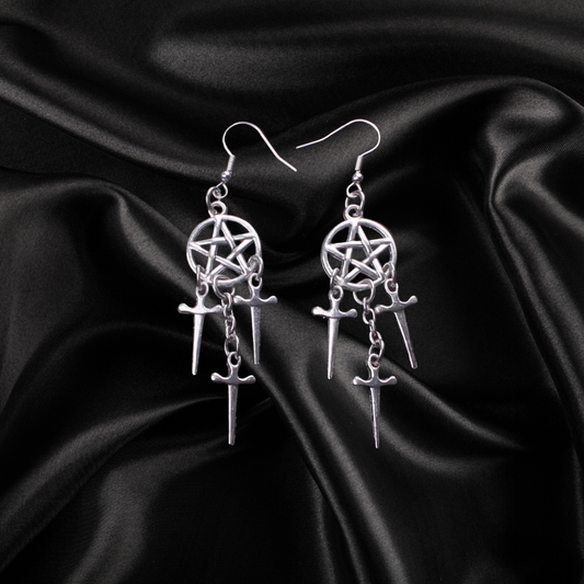 Dagger and Pentagram Chain Earrings